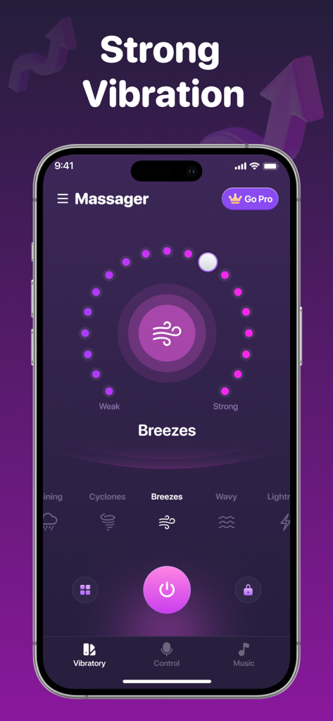 Interface of the Strong Phone Vibrator app showing the vibration intensity dial and Breeze mode