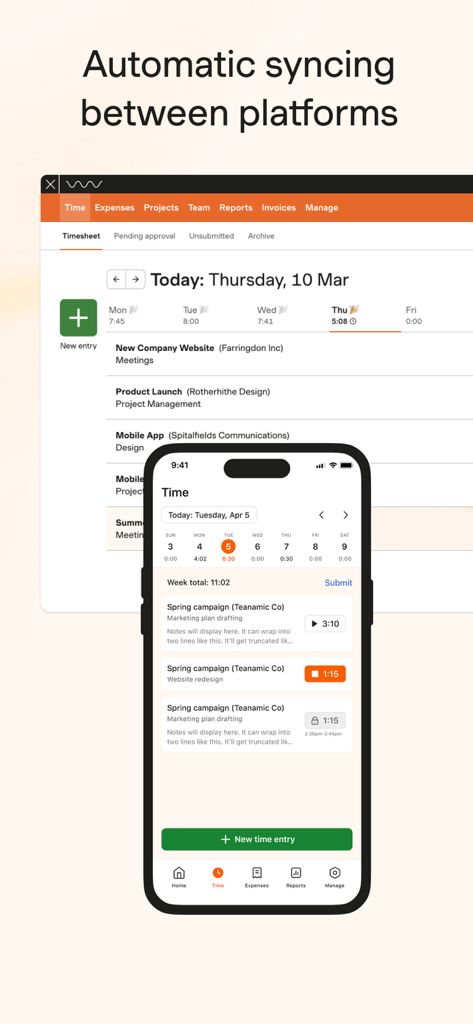 Harvest: Track Time & Invoice - Harvest-Zeiterfassungs-App-Oberfläche, die die automatische Synchronisierung zwischen mobilen und Desktop-Geräten zeigt.