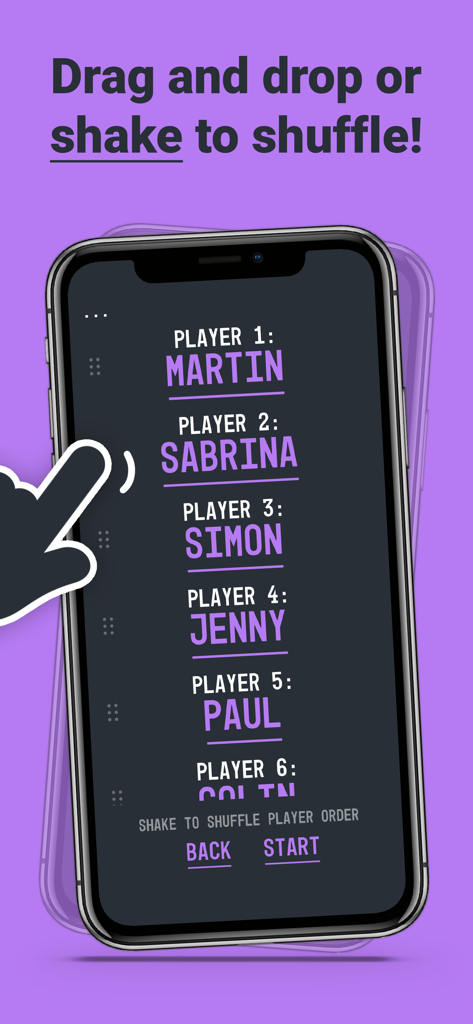 Game of SKATE or ANYTHING - Pantalla de aplicación móvil que muestra una lista de jugadores con funciones de arrastrar y soltar y agitar para mezclar el orden del juego.