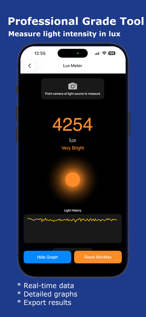 Interfaz del luxómetro en la aplicación Smart Tools Pro que muestra la medición de la intensidad de la luz en tiempo real en lux con un gráfico de historial.