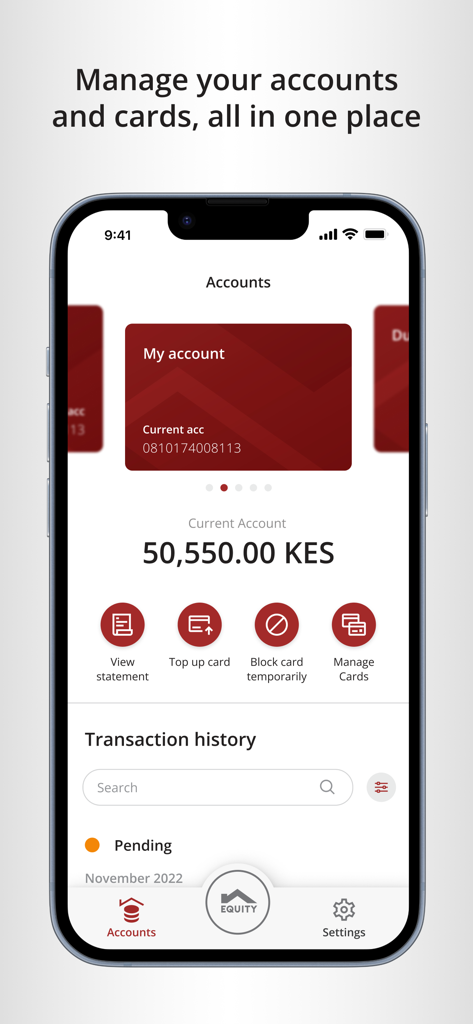 Equity Mobile app screen showing account balance in Kenyan Shillings and bank card management features