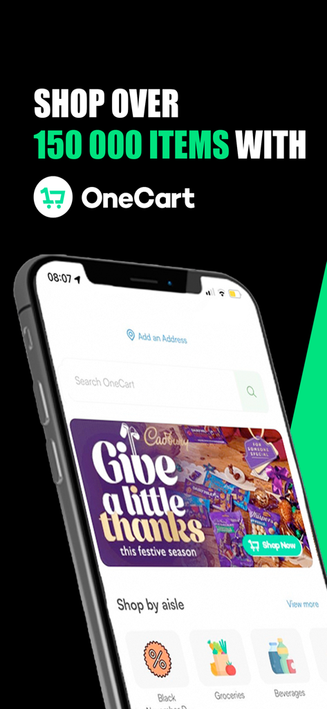 Téléphone portable montrant l'interface de l'application OneCart avec des options de magasinage par allée