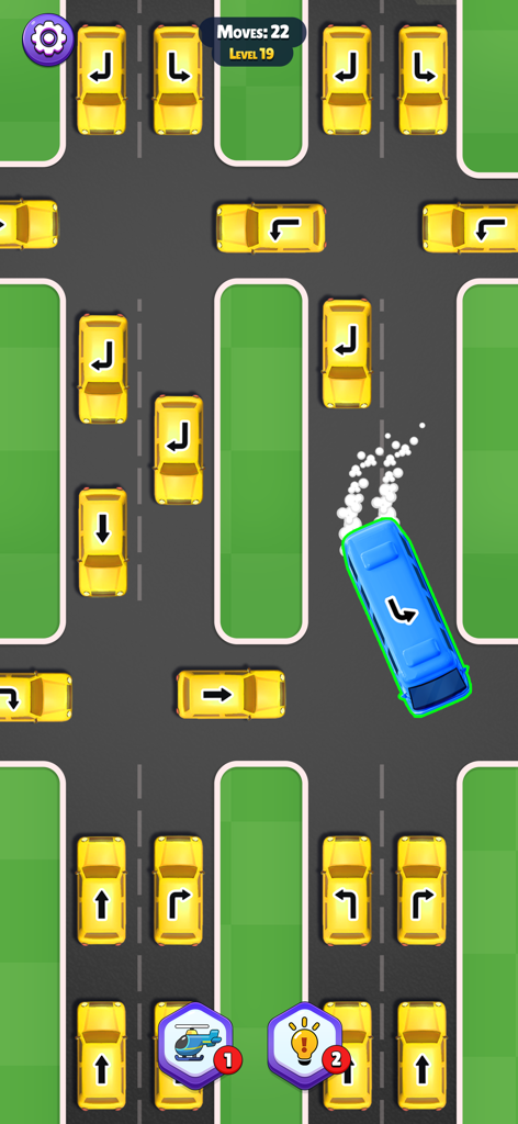 Unblock Cars: Traffic Control - Blue bus moving through yellow cars in Unblock Cars Traffic Control game