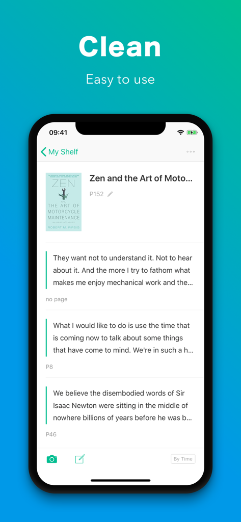 A mobile interface of Shelfie app showing a book title and organized reading notes with a minimalist design.