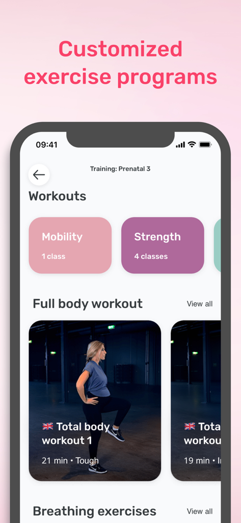 Preggers | Pregnancy tracker - Preggers app interface showing customized prenatal workout programs for expectant mothers including mobility and strength classes