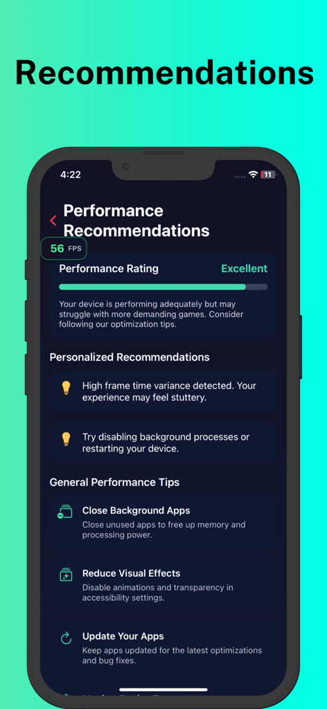 Fps Meter - A mobile screen from the FPS Meter app showing a performance rating of excellent along with personalized recommendations and general optimization tips for gamers.
