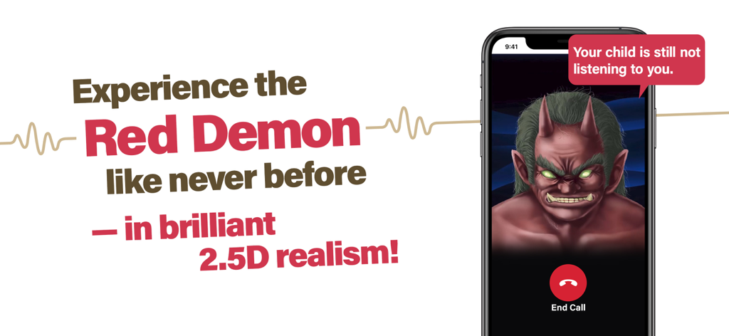 Ghost Call DX - A smartphone showing a simulated video call from the Red Demon character in the Ghost Call DX parenting app
