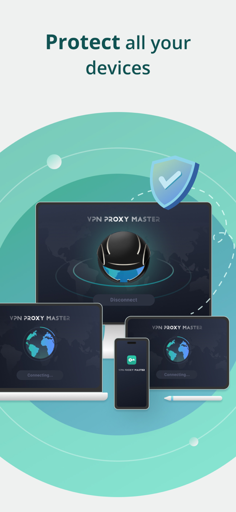 Interfaz de VPN Proxy Master que muestra protección de seguridad para computadoras de escritorio, laptops, tabletas y smartphones