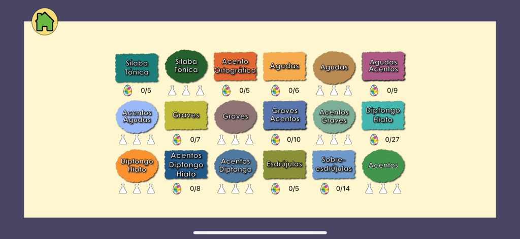 スペイン語のスペル、強勢音節、アグーダス単語などのさまざまなテーマのメインメニュー