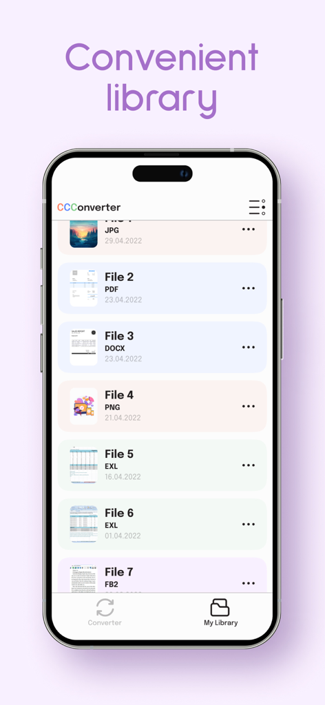 The file library screen of the PDF Converter app displaying a list of converted documents in different formats on an iPhone.