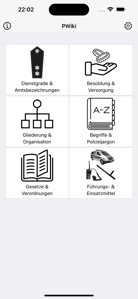 PWiki – Polizei-Lexikon - Main menu of the PWiki German police lexicon app showing reference categories like ranks organization and laws