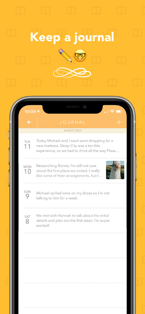 Wedding Planner ‎ - Wedding Plannerアプリのジャーナル機能。毎日のエントリと結婚式の準備のメモが表示されています。