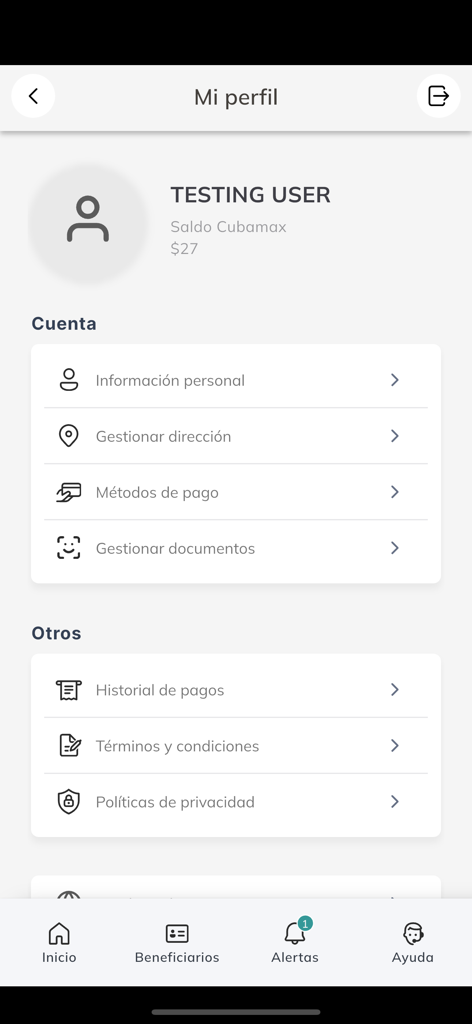 CubaMax - CubaMax app user profile screen showing account balance and settings menu