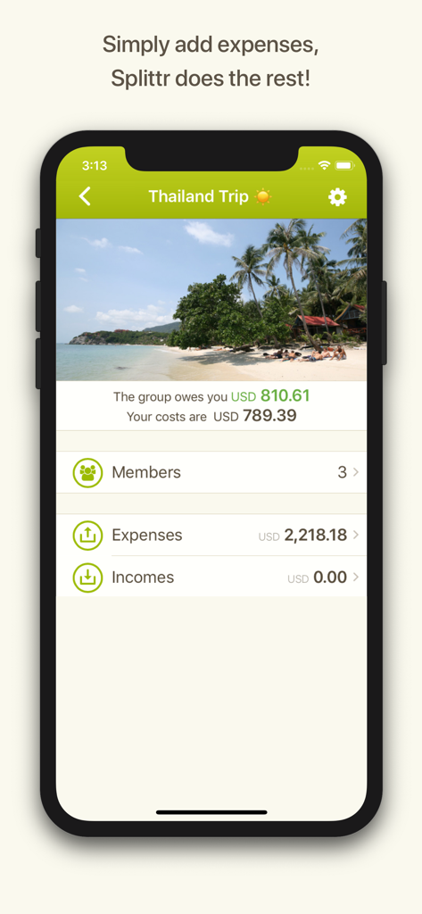 Splittr - Expense Splitting - Splittr app interface showing a Thailand trip expense summary with three members and group debt calculations.