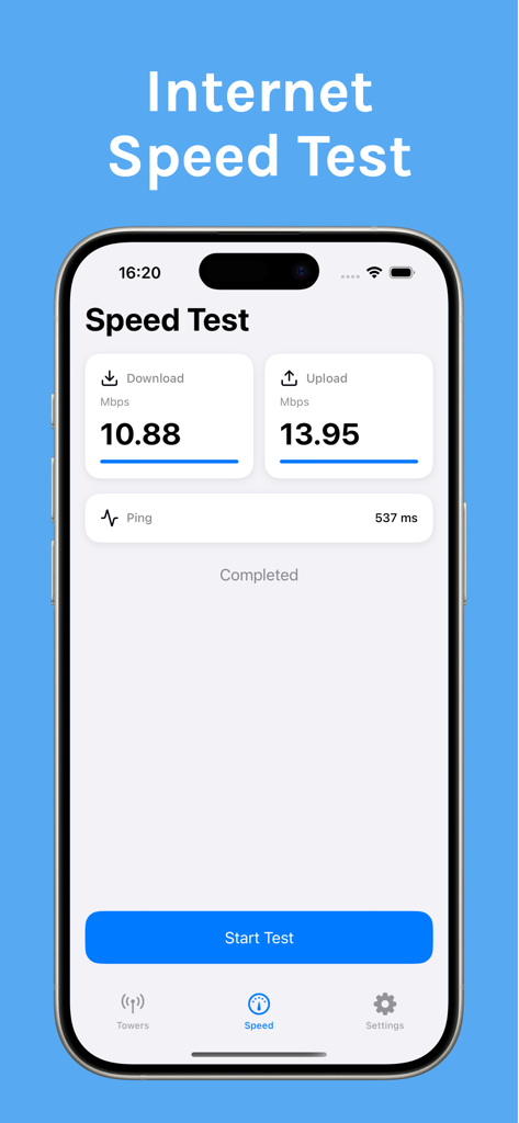 SignalSpot: Find Towers Near - SignalSpot app interface displaying internet speed test results for download upload and ping