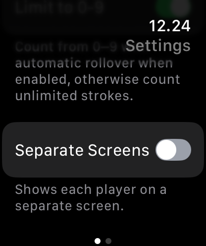 Stroke Counter for Golf - Einstellungen der Schlagzähler für Golf-App auf der Apple Watch, die die Umschaltoption für separate Bildschirme zeigt.