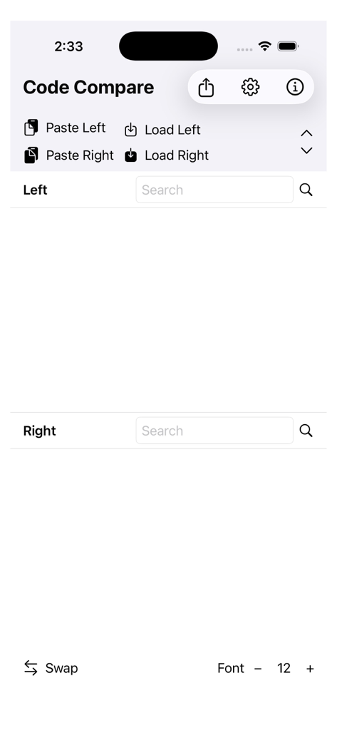 CodeDiff+ - Interface principale de l'application CodeDiff+ avec des panneaux de comparaison de code côte à côte et des options de chargement de fichiers