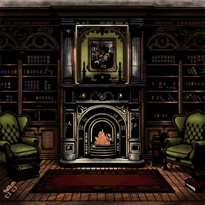 realistic detailed victorian library with fireplace