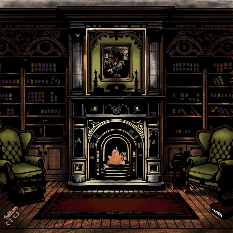 realistic detailed victorian library with fireplace