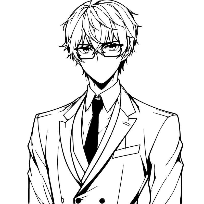 anime man wearing a suit and glasses, tall and realistic