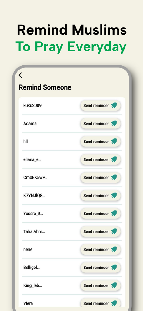 Mizan-Be consistent with salah - Mizan app interface for sending daily prayer reminders to friends in a private group