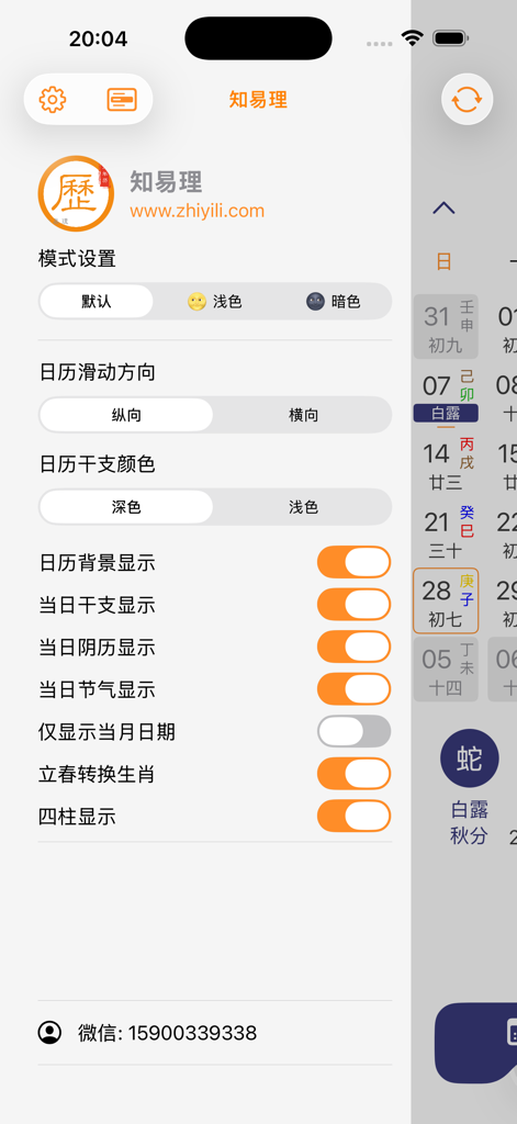 Settings page of the professional Chinese perpetual calendar app showing display and theme options.