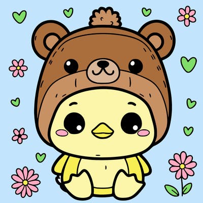 small and cute duck wearing a bear hat