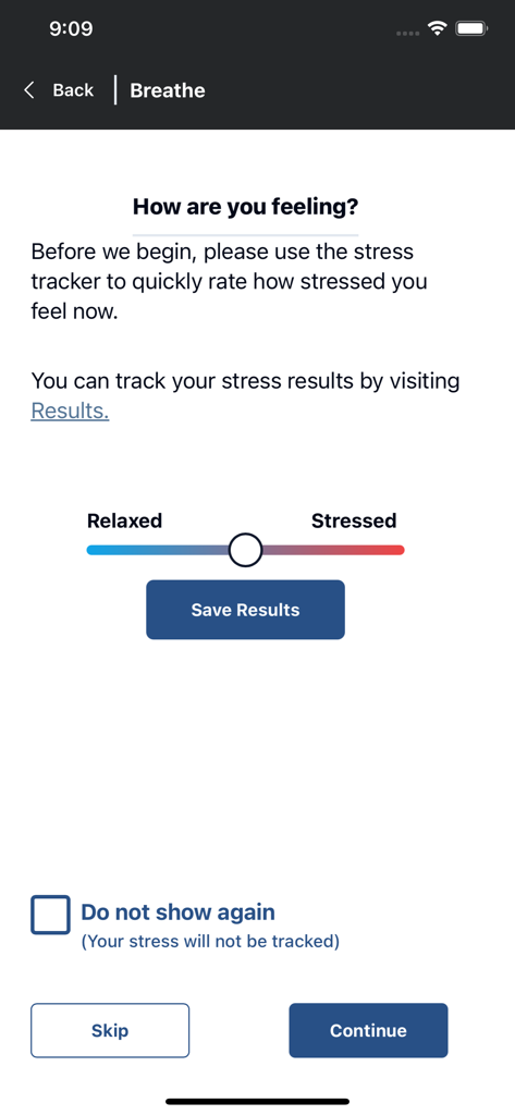 Breathe2Relax - Breathe2Relax app screen with a stress assessment slider to rate feelings from relaxed to stressed before a breathing session
