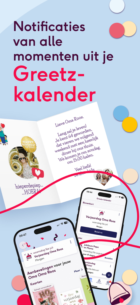 Greetz kaarten en cadeaus - Interface do aplicativo Greetz mostrando notificações do calendário de aniversários e opções de cartões personalizados