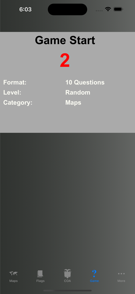 Country Flags, Maps, Capitals - Screenshot of the Game Start screen in the Country Flags app showing a countdown for a 10-question map quiz on a random level.