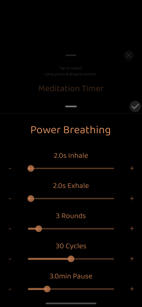 Minimalist app interface for customizing power breathing rhythms with adjustable sliders for inhale and exhale times