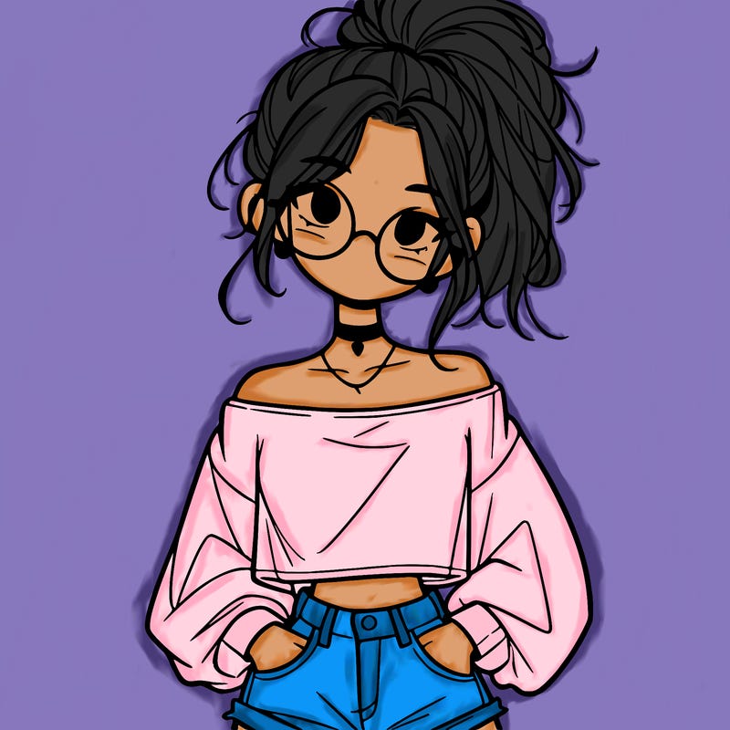 girl with a messy ponytail glasses a baggy crop top and jean shorts