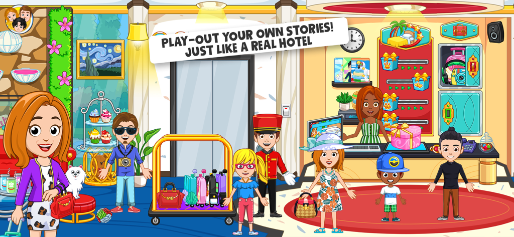 Digital dollhouse scene of a busy hotel lobby with various characters and luggage in My City Hotel.