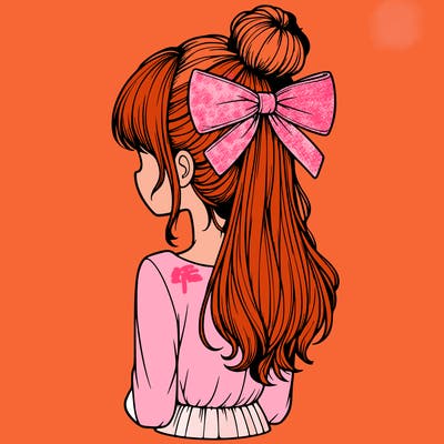 realistic girl  with hip length hair a bun and a big bow on the back of head