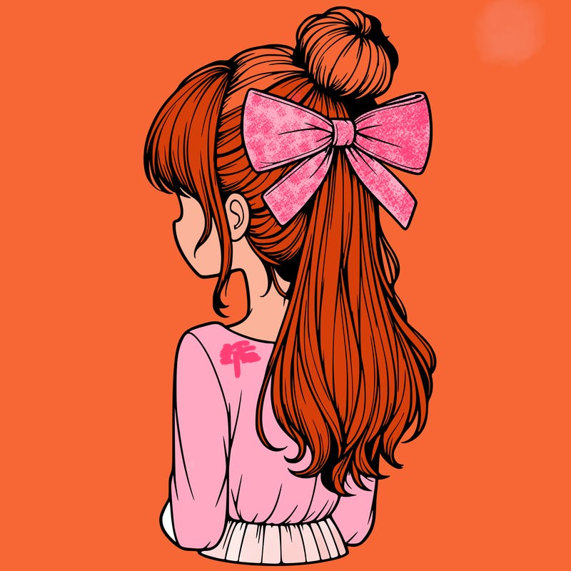 realistic girl  with hip length hair a bun and a big bow on the back of head