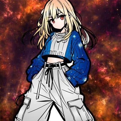 anime teen girl with baggy pants and crop top with sweater