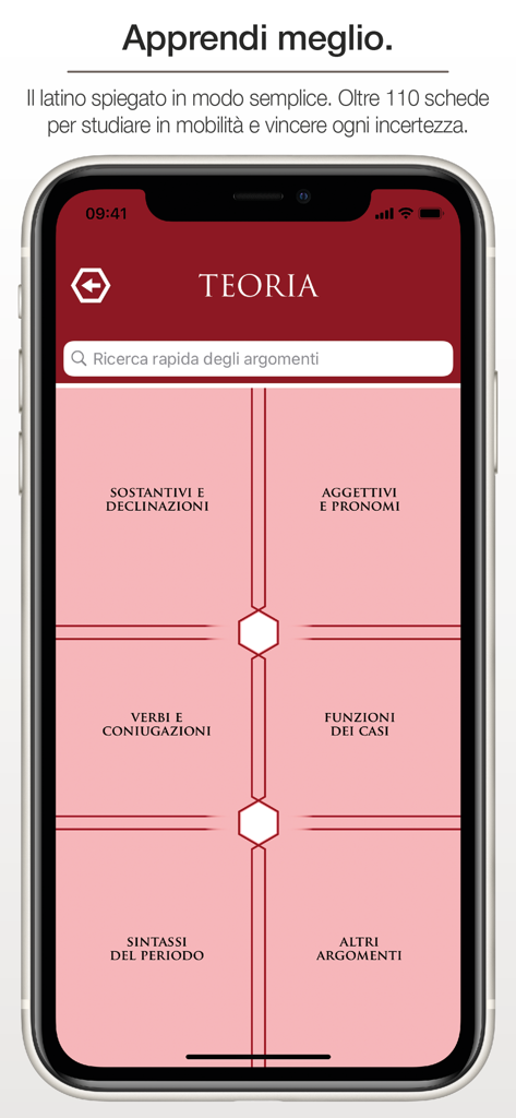 iLatinista (PRO) - Theory section of the iLatinista PRO app showing Latin grammar study categories like nouns and verbs