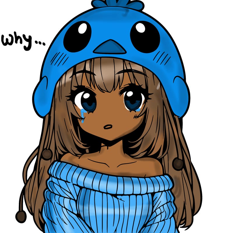 anime girl with chick shaped hat with sweater with bare shoulders with bangs covering them one eye with low tail