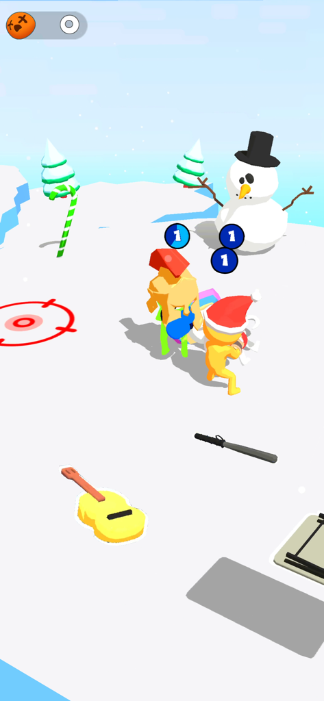 Stickman Boxing Battle 3D - スティックマンキャラクターが、巨大な雪だるまといろいろなインタラクティブなオブジェクト（ギターなど）がある雪のアリーナで戦っている。