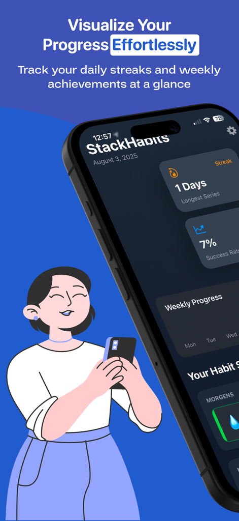 Stack Habit - Un smartphone mostrando el panel de la aplicación Stack Habit con estadísticas de rachas y tasas de éxito
