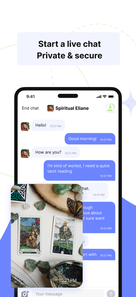 A mobile phone screen showing a private live chat for a tarot reading in the Kasamba app.