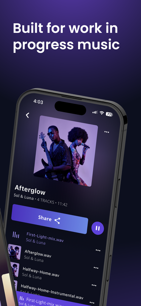 Interface of the Sound Credit app displaying a list of audio tracks for a music project titled Afterglow.