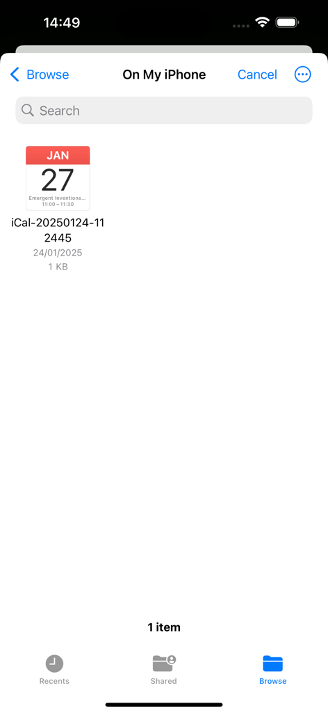 Calendar Importer - Interface for selecting an ics calendar file from the iPhone local storage