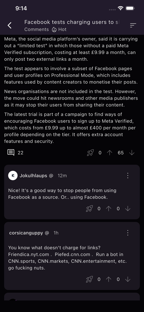 A screenshot of the Interstellar app showing a news discussion thread and user comments in a dark mode interface.