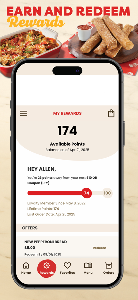 Marco’s Pizza - Écran des récompenses de l'application mobile Marco's Pizza montrant les points de fidélité disponibles et une barre de progression pour le prochain coupon.