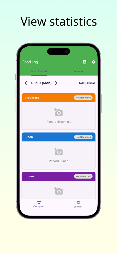 Foodlog - Food Log Memo - Interfaz de la aplicación Foodlog en un iPhone que muestra secciones para registrar las comidas del desayuno, el almuerzo y la cena.