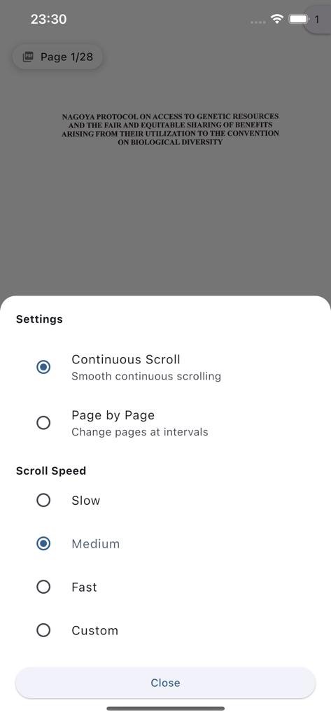 Settings menu of the Auto Scroll PDF app displaying options for continuous scrolling and adjustable reading speeds