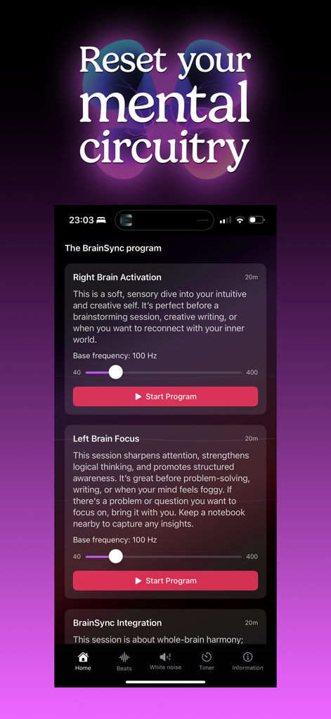 BrainSync - BrainSync app interface showing Right Brain Activation and Left Brain Focus meditation programs.