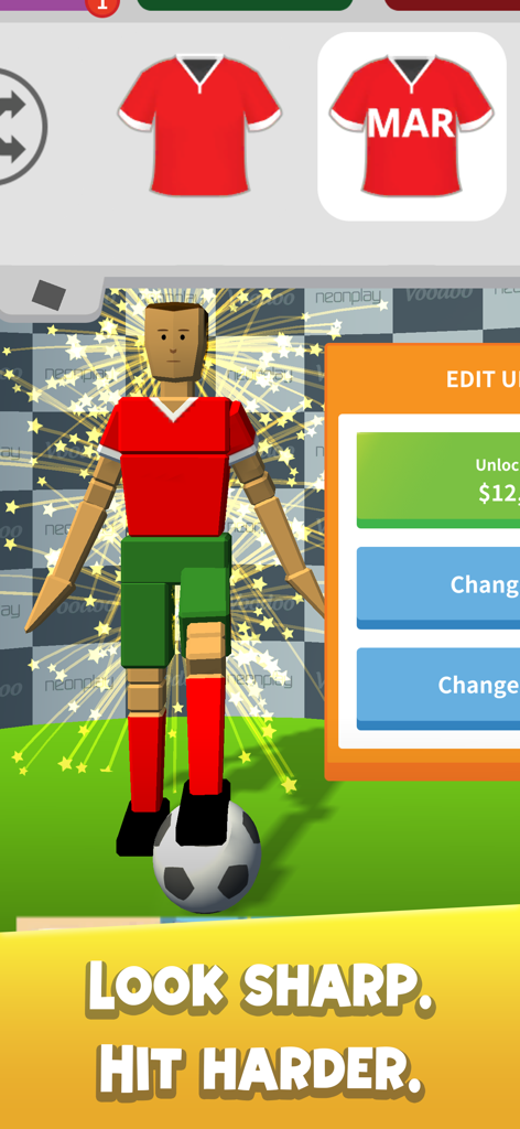 A 3D blocky soccer player character on the customization screen of the Soccer Kick mobile game