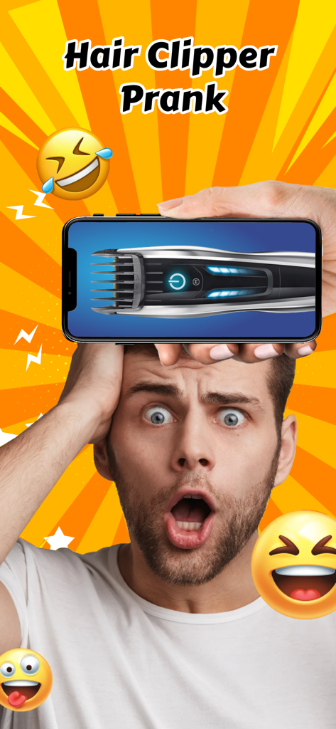 A person using a smartphone to simulate a hair clipper prank on a shocked man surrounded by laughing emojis.